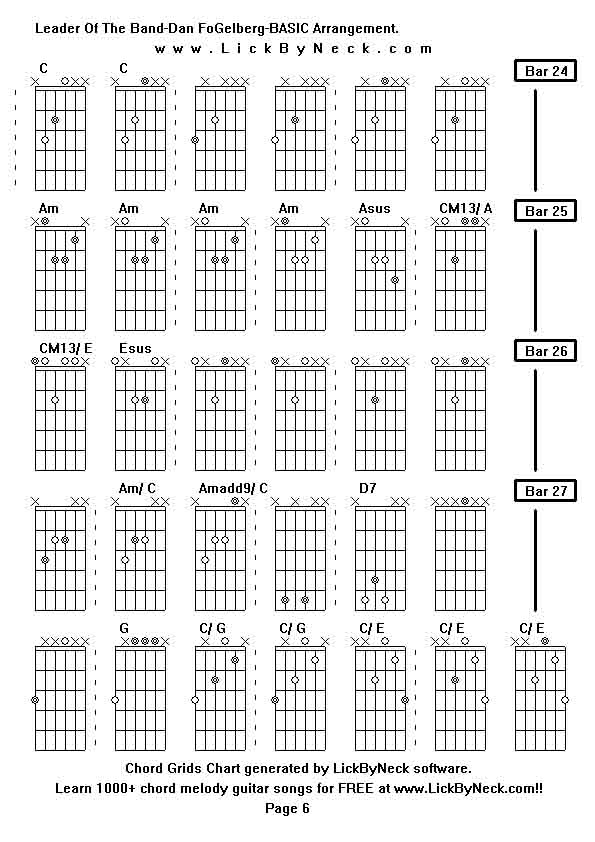 Chord Grids Chart of chord melody fingerstyle guitar song-Leader Of The Band-Dan FoGelberg-BASIC Arrangement,generated by LickByNeck software.